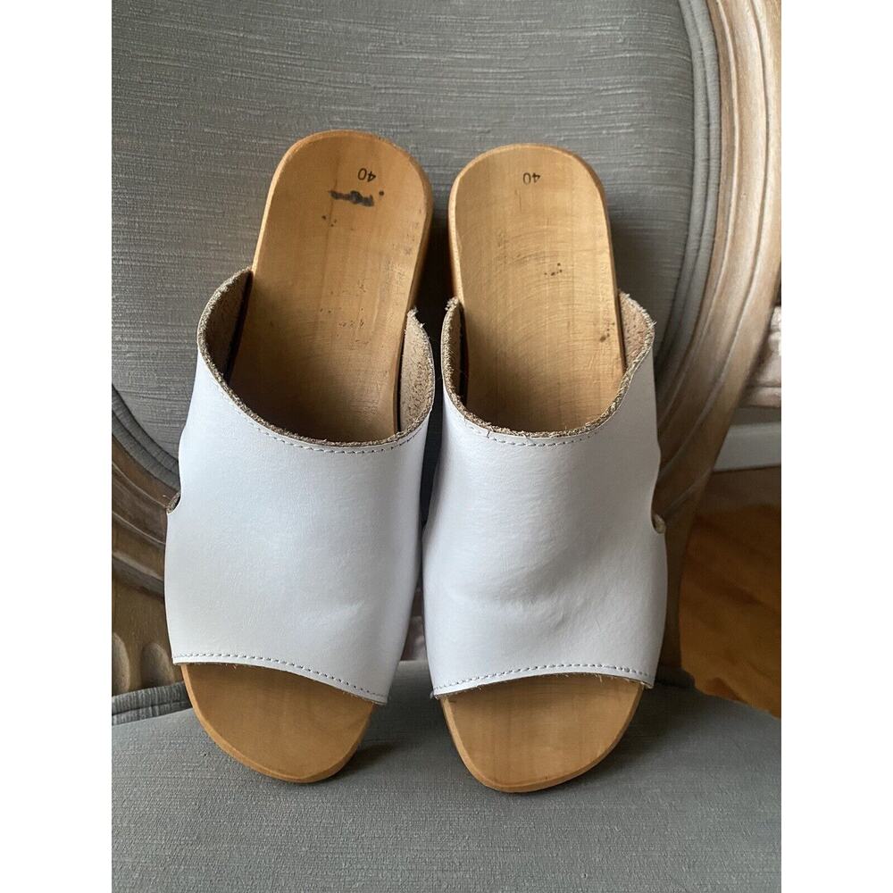 Women's Clogs Mules Sandals Open Toe Slip-On Sz 40,9.5White Leather Cut Out Wood